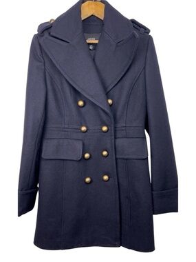 Jacob Wool Blend Military Pea Coat Metal Button sz S Navy Napoleon Parisian Warm